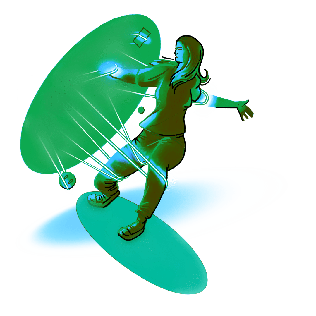 A stylized digital illustration of a woman surfing on a futuristic, glowing surfboard. She is in the midst of escaping from a large, semi-circular screen with multiple glowing lines extending from it, wrapping around her limbs like restraints, trying to entangle and imprison her. Despite this, she leans forward, breaking free with determination. The illustration features vibrant green and blue highlights, emphasizing movement, energy, and a struggle for freedom against digital confinement.