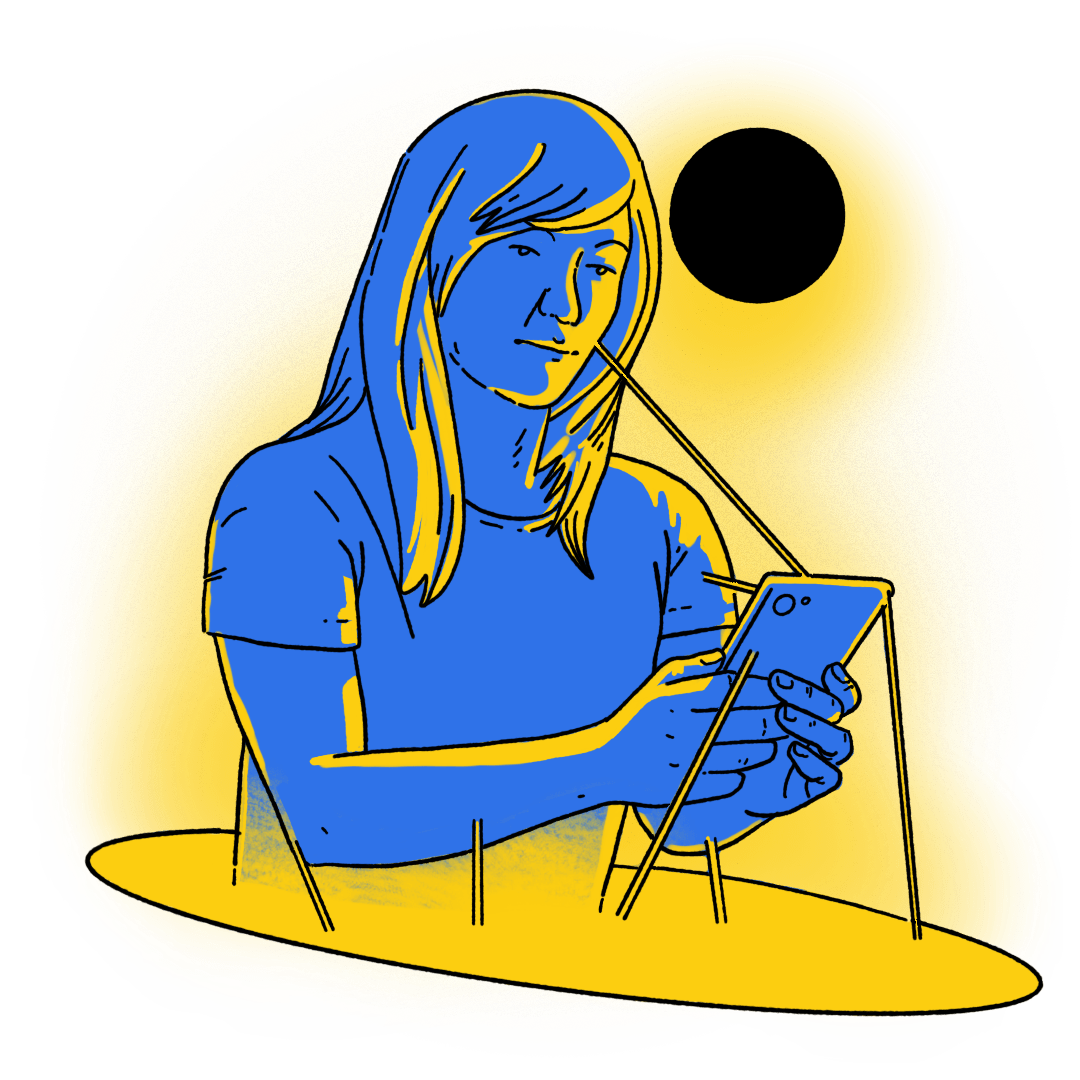 A blue and yellow silhouette of a woman using a smartphone.