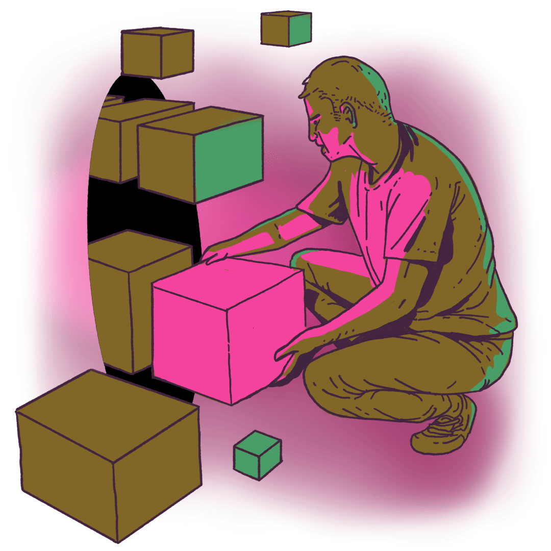 A crouching man piles cubes into a vertical black hole.