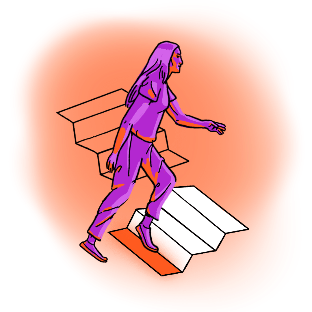 An illustration of a woman climbing a floating flight of stairs on a purple and orange lightning.